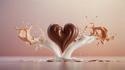 Chocolate and milk waves in the shape of a heart, IA generativa.