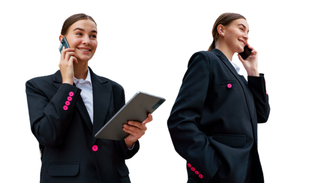 A young professional woman in a black suit with pink accents, multitasking with a phone and tablet, smiling confidently

