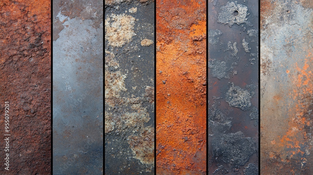 Poster abstract rust textures on a weathered metal surface with a range of color variations and patterns
