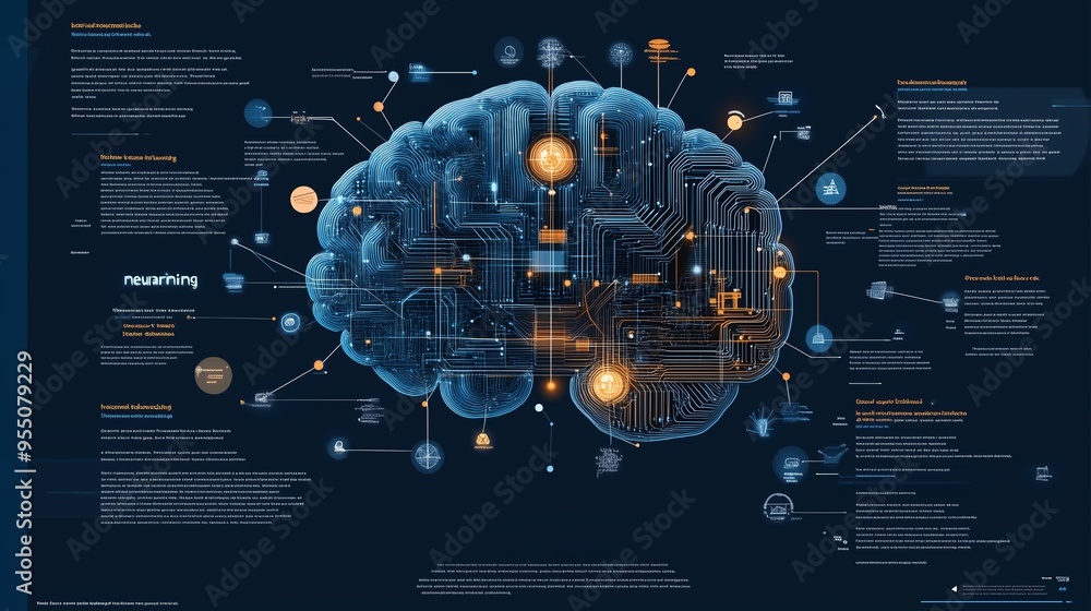 Poster a detailed visual representation of neural networks illustrated on a dark background featuring inter