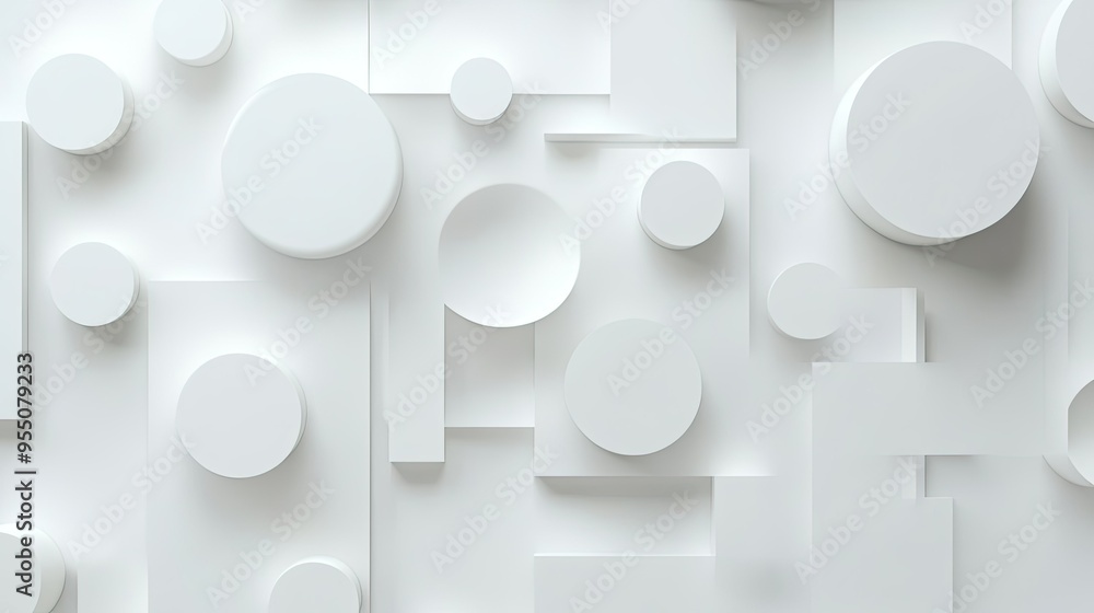 Poster white background with abstract geometric patterns and subtle 3d effects.