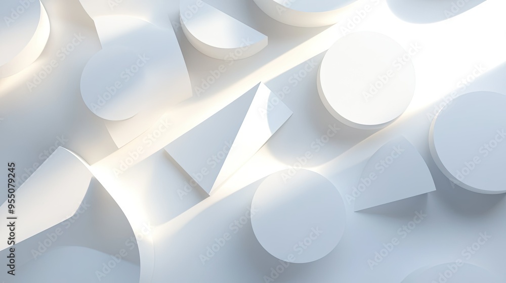 Poster white background with abstract geometric shapes and soft shadows, adding depth.