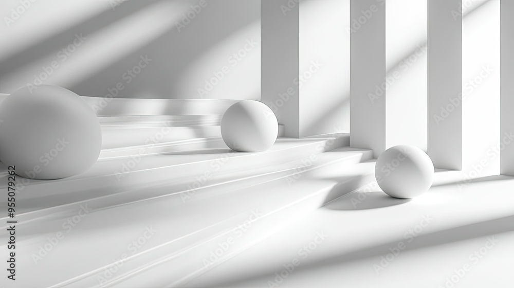Poster white background with abstract geometric shapes and soft shadows, adding depth.