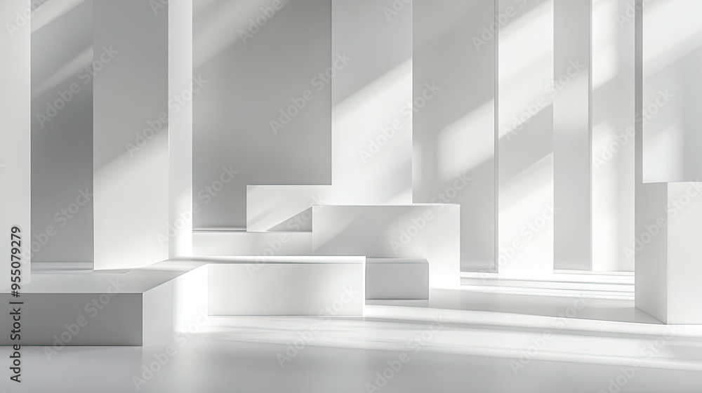 Poster white background with abstract geometric shapes and soft shadows, adding depth.