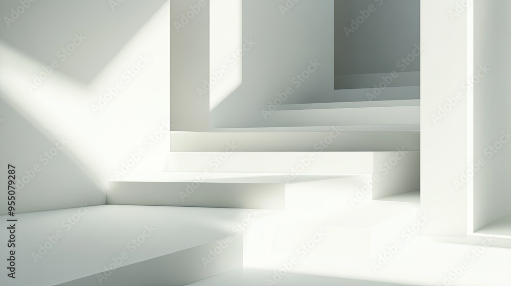 Poster white background with abstract geometric shapes and soft shadows, adding depth.
