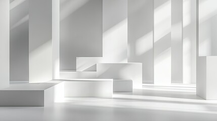 White background with abstract geometric shapes and soft shadows, adding depth.
