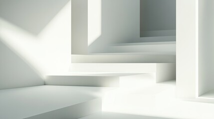 White background with abstract geometric shapes and soft shadows, adding depth.