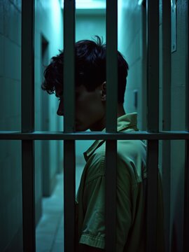 Short-Haired Prisoner at Night Facing the Bars of a Cell