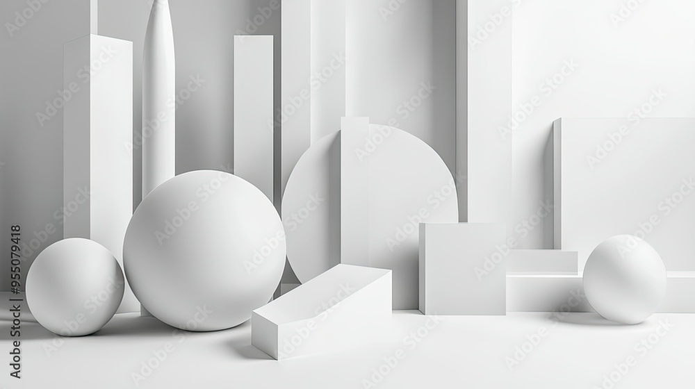 Poster white background with abstract geometric shapes and subtle 3d effects, adding interest.
