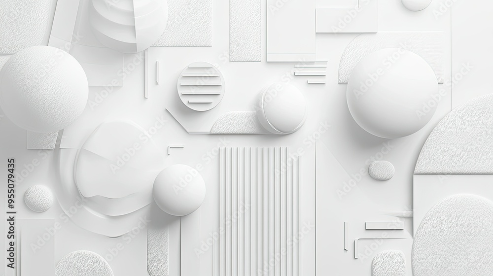 Poster white background with abstract geometric shapes and soft textures, adding depth and dimension.