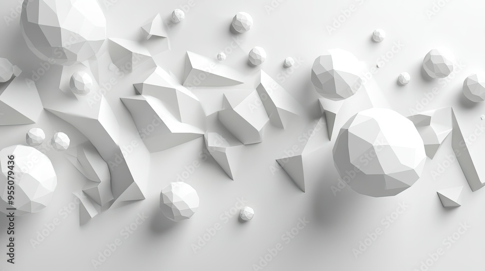 Poster white background with abstract geometric shapes and subtle 3d effects, adding interest.