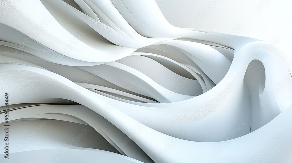 Poster white background with abstract lines and curves, adding depth and visual interest to the composition