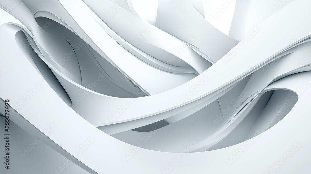 Poster white background with abstract lines and curves, adding depth and visual interest to the composition