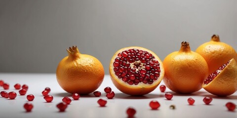 Fresh citrus fruits and pomegranate seeds on light background.