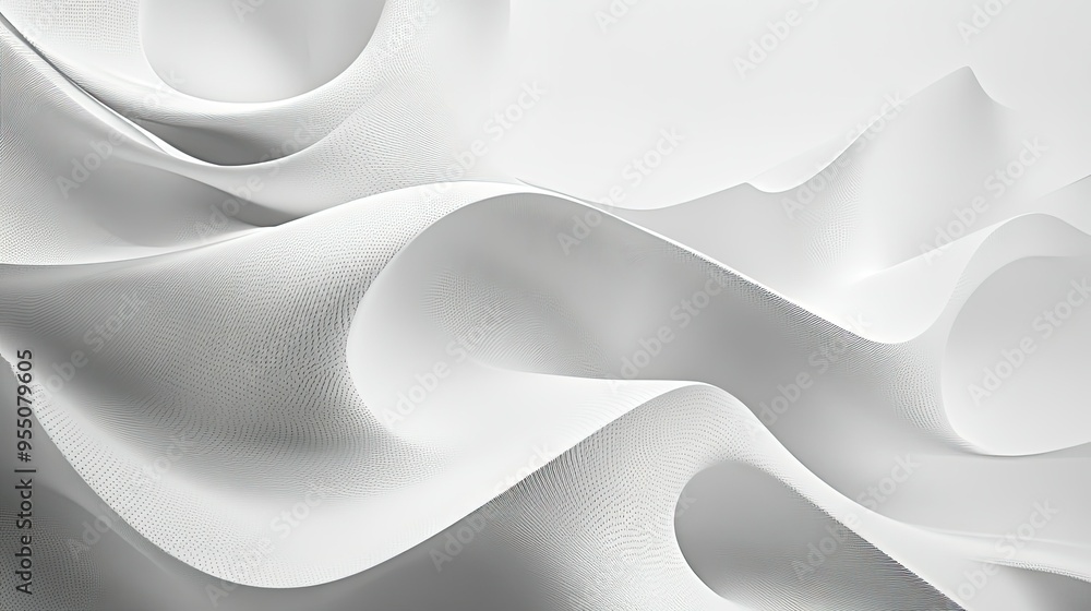 Poster white background with abstract lines and curves, adding depth and visual interest.
