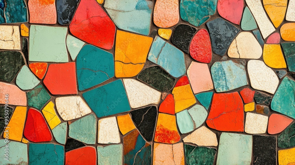 Poster abstract tile pattern with irregular shapes and vibrant colors, adding a playful and contemporary to