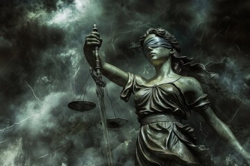 Blindfolded Lady Justice holding scales in dark storm