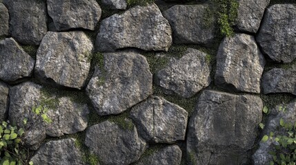 The surface features a rugged stone wall with varying textures, interspersed with moss and small greenery, capturing natural elements