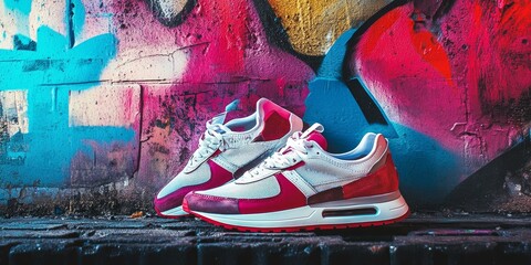 Pink and white sneakers against graffiti wall.