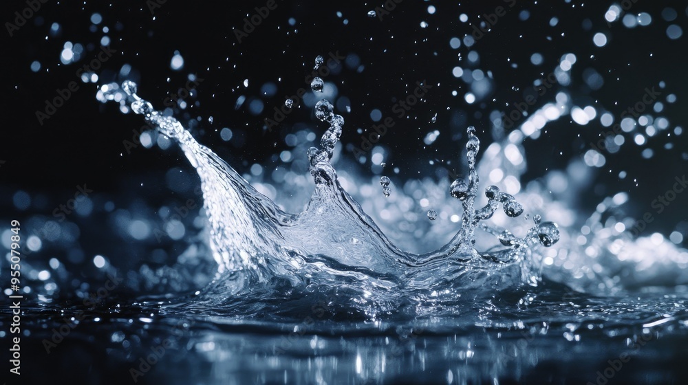 Poster abstract water splash with droplets frozen in mid-air, creating a dynamic and energetic background
