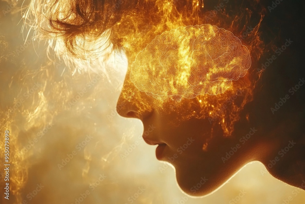 Poster neural resonance brain circuit silhouette of a head with fiery textures symbolizing the intensity of