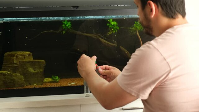 Man is carefully adding a precise dose of a chemical product to his fish tank