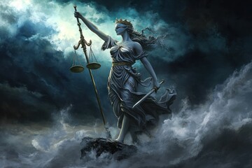 Crowned Lady Justice in a stormy backdrop represents law.