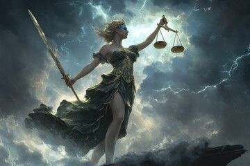 Goddess with scales and sword in stormy clouds