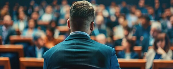 A lively scene of a speaker with a microphone addressing a large audience in a dimly lit auditorium, capturing a moment of connection and engagement