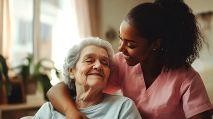 Obraz premium Happy face, nurse and elderly patient in nursing home for healthcare and volunteering on sofa. Clinic caregiver, portrait and hugging of elderly woman with trust and medical support on sofa.