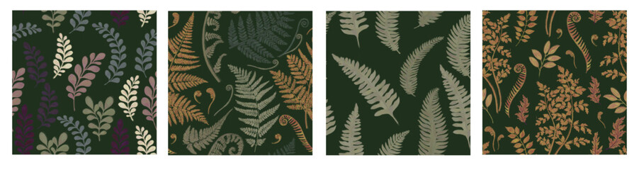 
Set of seamless botanical patterns in vintage retro style. Leaves, fern and golden bushes on a green background.