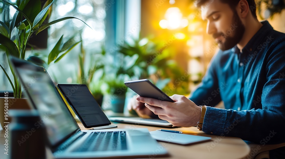 Aufkleber man using a tablet in a brightly lit workspace