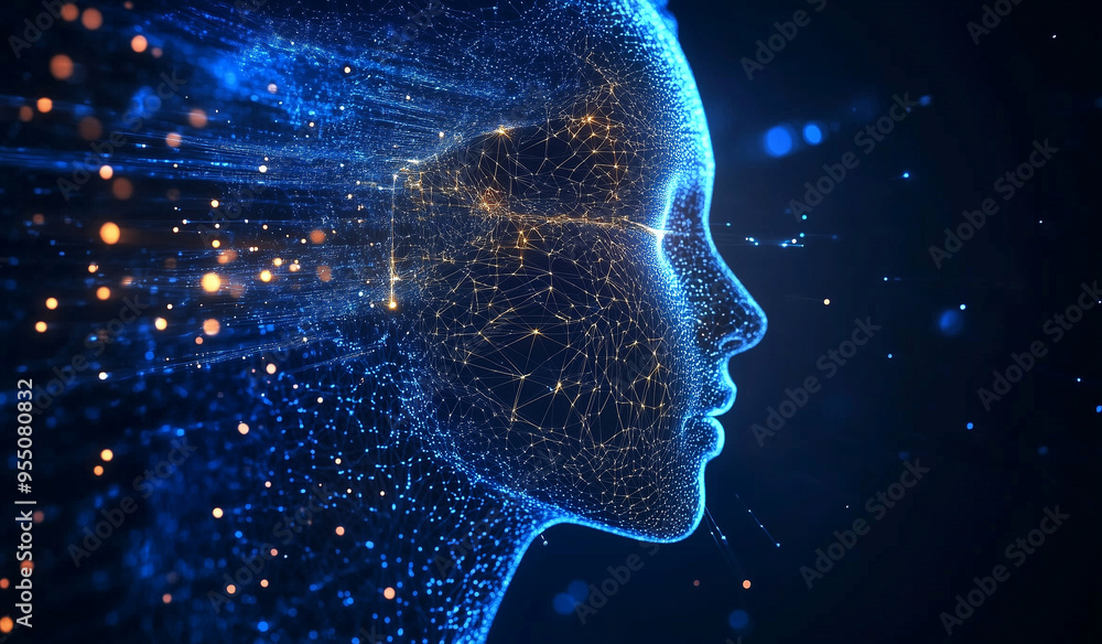 Aufkleber an abstract human face is formed from glowing particles, illustrating the intersection of human trai