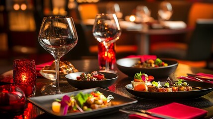 Fototapeta premium Luxurious decor with deep red tones and a selection of gourmet small plates