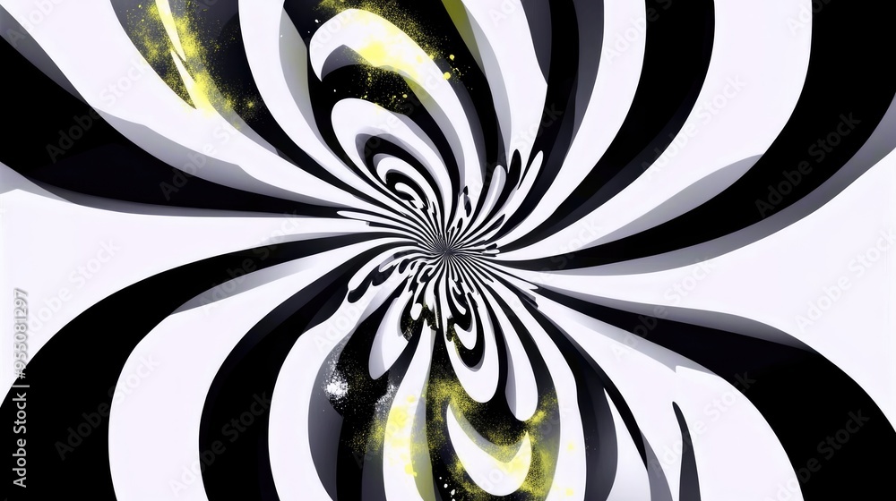 Poster a mesmerizing whirlpool of swirling black and white patterns with hints of luminous yellow spirals c