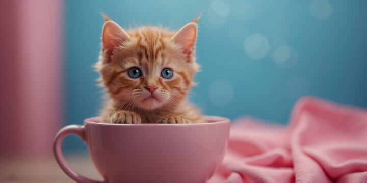 cute little kitten in a blue cup on pink background.