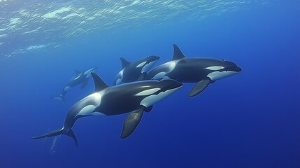 Fototapeta premium A group of orcas swimming gracefully in deep blue ocean waters.