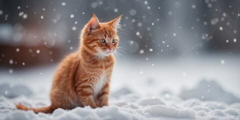 Obraz premium Red kitten sitting on the snow in snowfall.