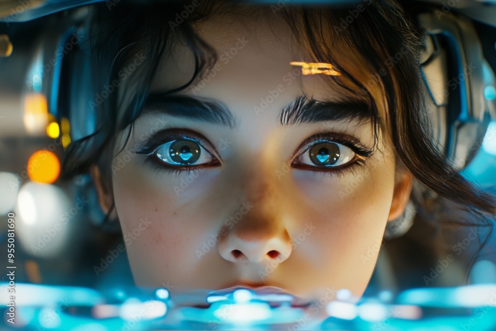 Poster cognitive empathy information retention close up of a woman with augmented reality interfaces symbol