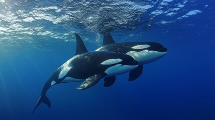 Fototapeta premium Two orcas swimming gracefully in clear blue ocean waters.