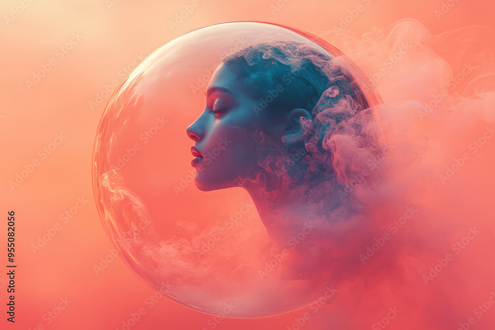 Poster a person inside a bubble with floating ink splashes and brush strokes around them, representing arti
