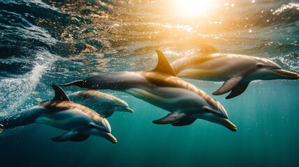 Obraz premium A group of dolphins swimming gracefully in sunlit waters.