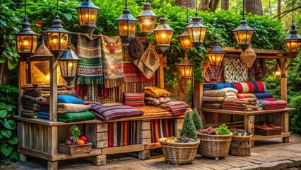 Fototapeta premium Rustic wooden market booth with vintage lanterns and colorful fabrics, surrounded by lush greenery, perfect for showcasing artisanal goods or retro-themed products.