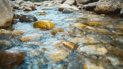 Clear mountain stream with smooth stones and gentle water flow, showcasing a natural and serene landscape