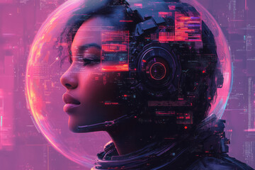 A personâ€™s head inside a bubble with digital screens and interfaces surrounding them, symbolizing being absorbed in technology, isolated on a pastel lavender background,