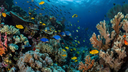 Obraz premium coral reef with fish coral reef and fish on a blue sea, big blue ocean, clear water, ai generated
