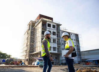 Architect and contractor working on building in construction site. Two Professional Architects Engineer Working on Personal laptop computer at house construction site
