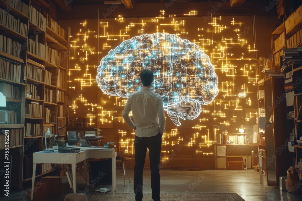 Poster affective empathy information retention man in a library with a glowing brain hologram symbolizing t