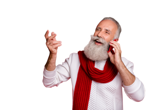 Close-up portrait of his he nice attractive cheerful cheery dreamy positive gray-haired man talking with family friends far away isolated over bright vivid shine red background