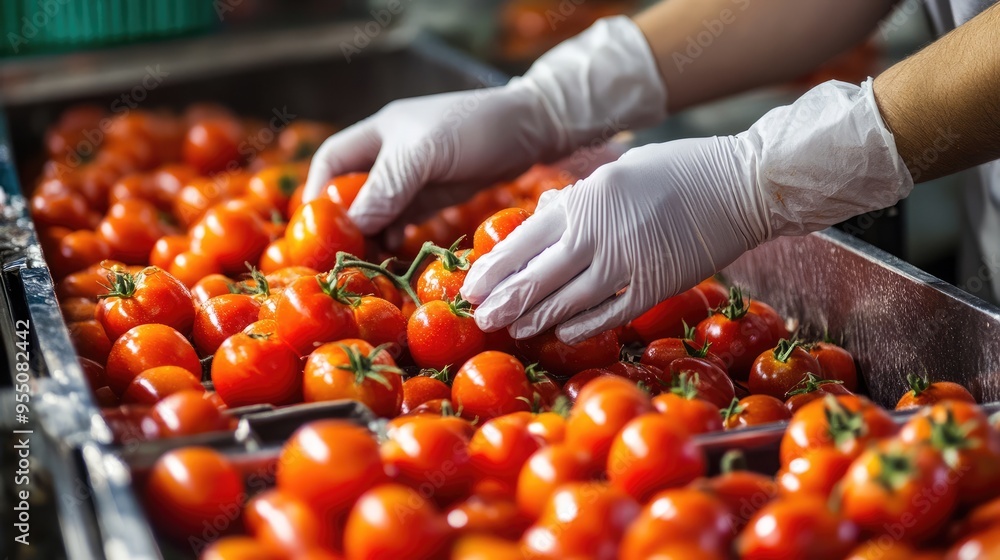 Poster a food processing workera gloved hands sorting through fresh tomatoes, emphasizing careful selection